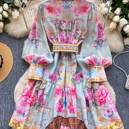 Vintage Palace Evening Dress — Sashes & Button Print