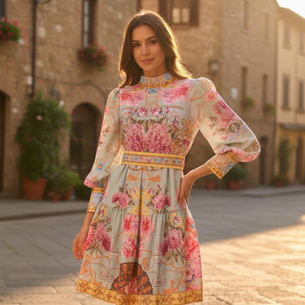 Vintage Palace Evening Dress with Sashes & Button Print