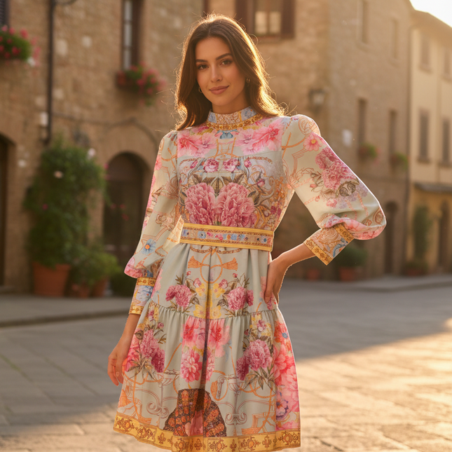 Vintage Palace Evening Dress with Sashes & Button Print