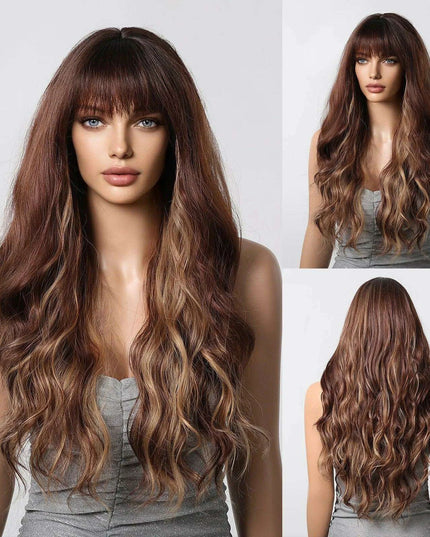 30-Inch Brown Wavy Synthetic Wig with Bangs - Perfect for Parties and Themed Events
