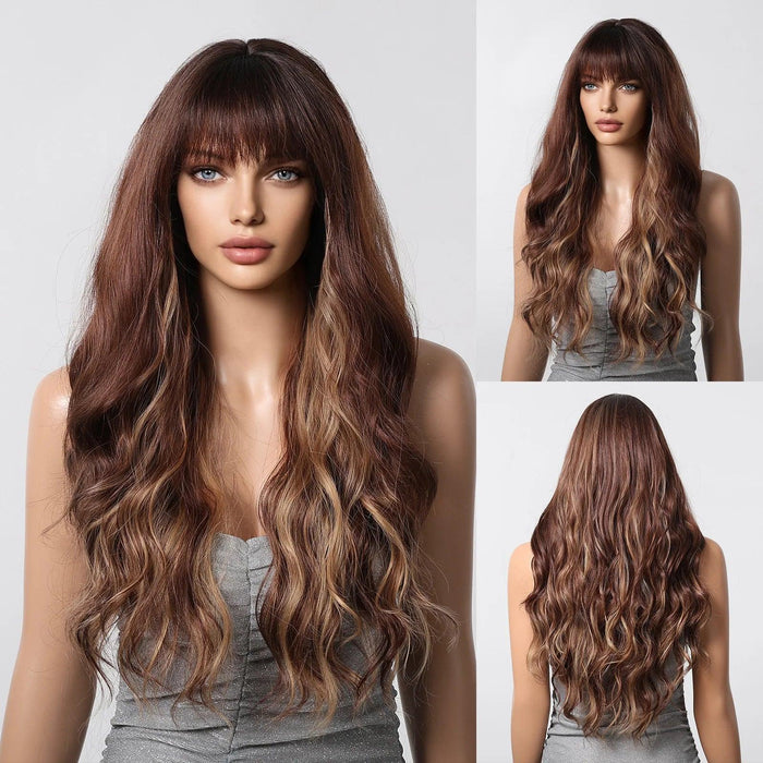30-Inch Brown Wavy Synthetic Wig with Bangs - Perfect for Parties and Themed Events