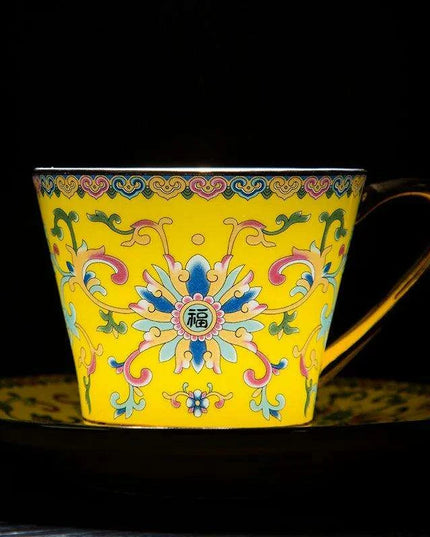 Imperial Elegance Enamel Porcelain Tea and Coffee Cup Set with Ornate Borders