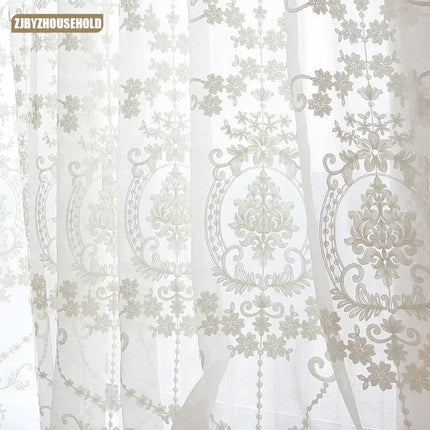 Embroidered White Tulle Sheer Curtain — European Floral Lace, 1 Panel