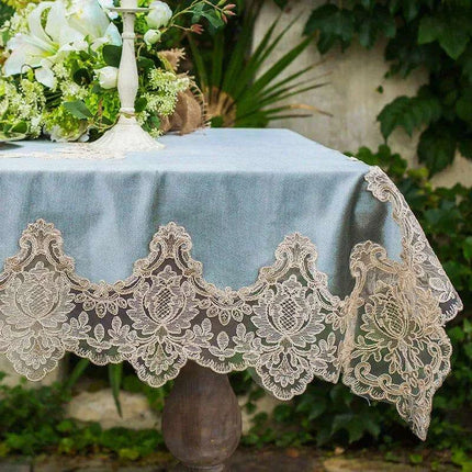 Elegant White Gold Velvet Tablecloth with Lace Accents - Sophisticated Dining Room Décor