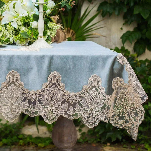 Elegant White Gold Velvet Table Cover with Lace Detailing - Premium Dining Room Elegance