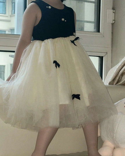 Adorable Summer Black Patchwork Mesh Bow Dress for Baby Girls, Princess Party Attire for Ages 1-5T