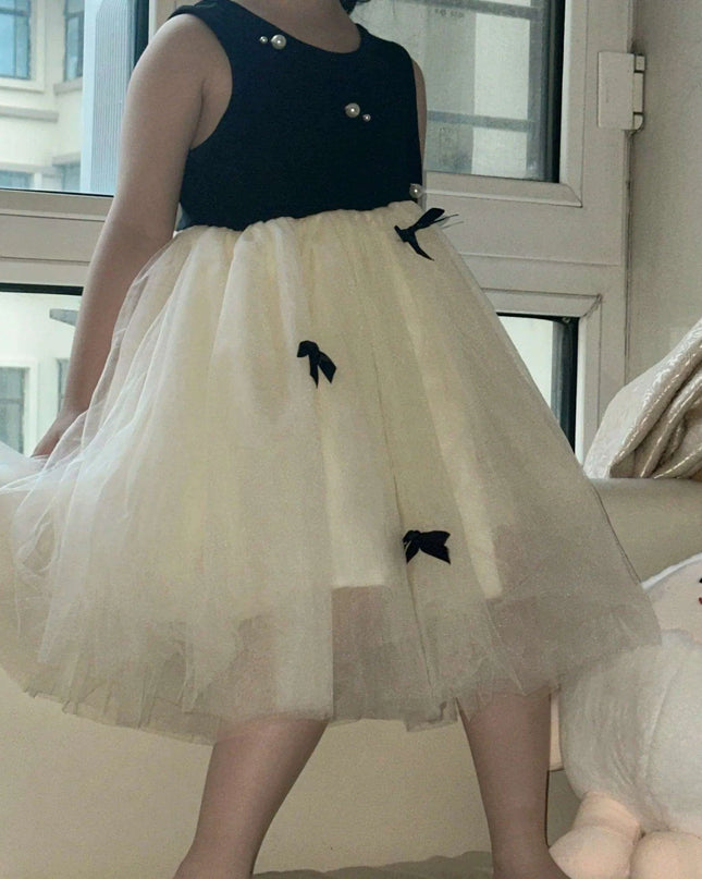 Adorable Summer Black Patchwork Mesh Bow Dress for Baby Girls, Princess Party Attire for Ages 1-5T