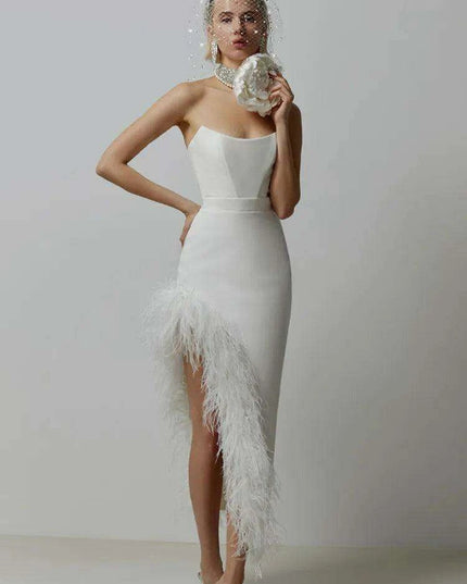 Elegant Strapless Black and White Feather Detail Bodycon Dress for Women