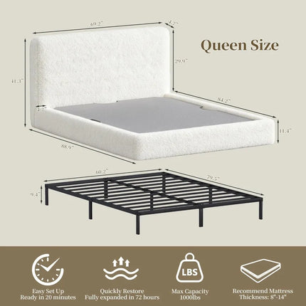 Queen Cloud Bed Frame Upholstered Boucle Low Platform Anti-Collision Soft Sponge Cushion Headboard No Box Spring Needed Beige queen-cloud-bed-frame-upholstered-boucle-low-platform-anti-collision-soft-sponge-cushion-headboard-no-box-spring-needed-beige
