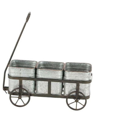 Charming 29" Rustic Wagon Planter with Galvanized Iron Pots