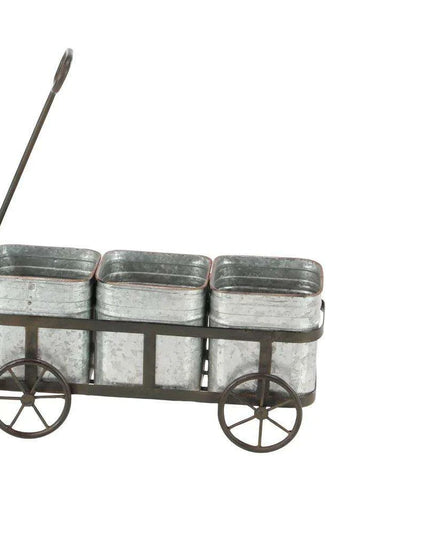 Charming 29" Rustic Wagon Planter with Galvanized Iron Pots