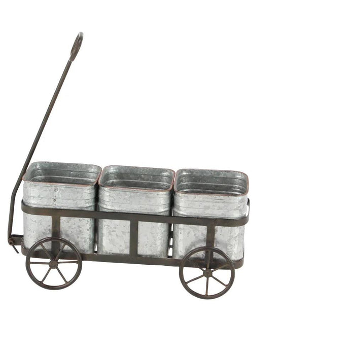 29" x 16" Rustic Farmhouse Style Planter Wagon with Galvanized Iron Pots