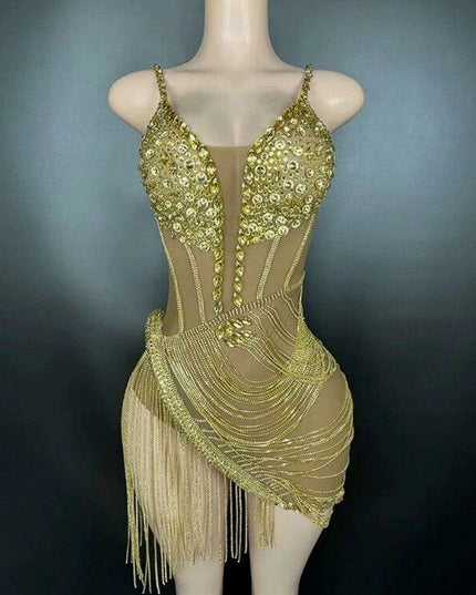 Sparkling Black Rhinestone Mini Dress with Playful Fringe