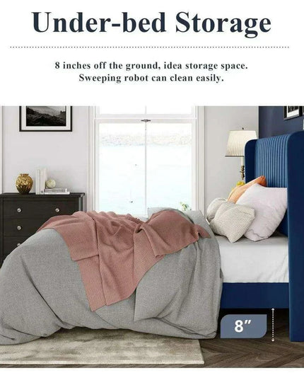 Elegant Blue Velvet Wingback Bed Frame with Smart Under-Bed Storage - Chic & Comfortable Design