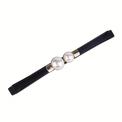 Double Pearl Buckle Elastic Waist Belt — Women’s PU Leather, 6 cm Wide