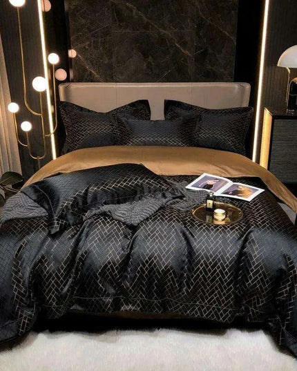 Luxurious Black and Gold Jacquard Egyptian Cotton Duvet Cover Set - 4/6 Piece Collection for Cal King and Queen Sizes with Sheets & Pillowcases