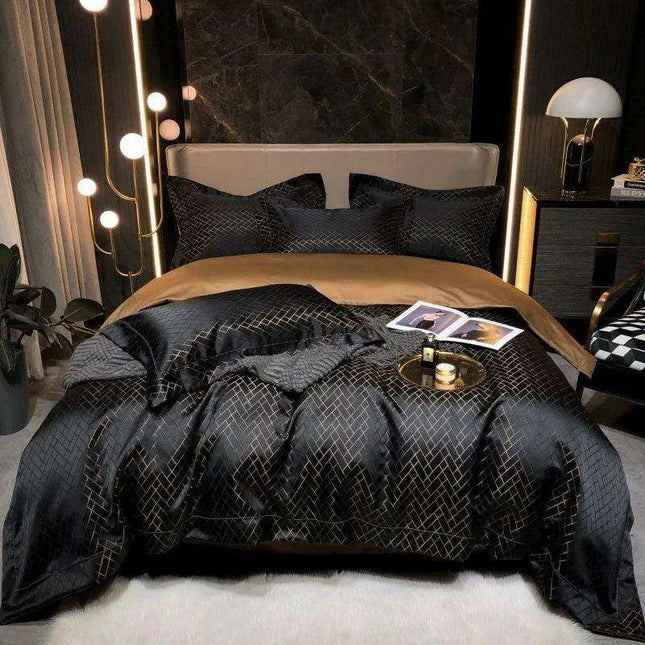Luxurious Black and Gold Jacquard Egyptian Cotton Duvet Cover Set - 4/6 Piece Collection for Cal King and Queen Sizes with Sheets & Pillowcases