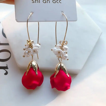 Honeypotson SU-SU Rose Petal Long Earrings - Elegant Red Design