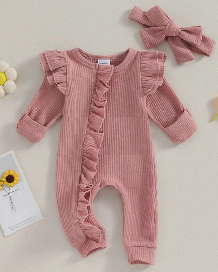 Autumn Ruffled Baby Girl Jumpsuit with Matching Bow Headband - Cozy Solid Color Romper for Newborns 0-12 Months