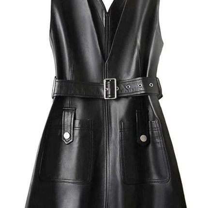 Sleek Black Faux Leather V Neck Sleeveless Midi Dress with Pockets - Customizable