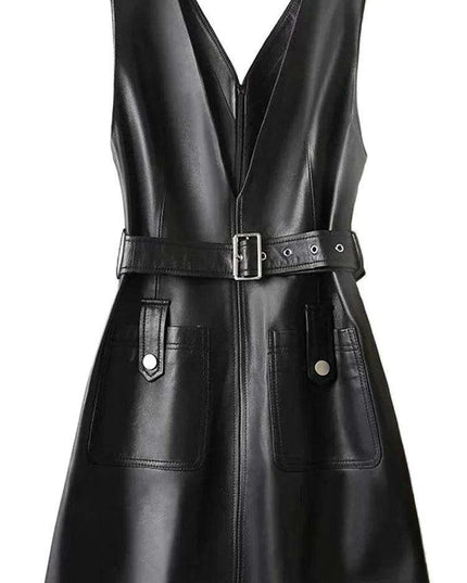 Sleek Black Faux Leather V Neck Sleeveless Midi Dress with Pockets - Customizable