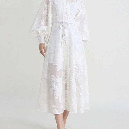 Elegant A-line Lantern Sleeve Dress with French Embroidery and Adjustable Lace-Up - SHENGPALAEF Summer 2024 Collection