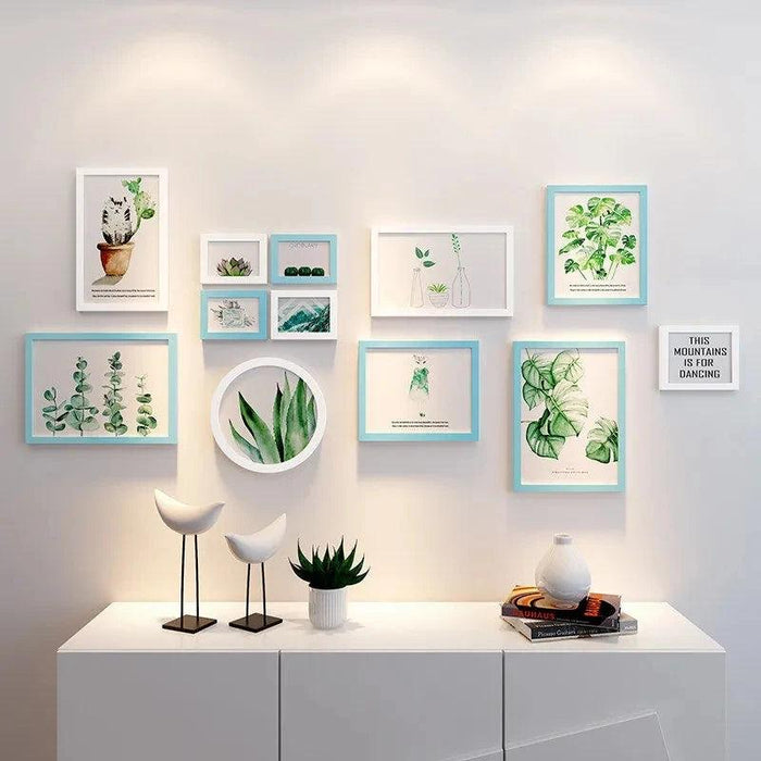 Nordic-Inspired Wall Art Set with Green Plants, Clocks, and Decorative Shelf for Elegant Home Decor