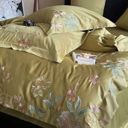 Luxurious 1000TC Egyptian Cotton Floral Embroidery Bedding Set with Sheets & Pillowcases - Available in Full, Queen, King Sizes