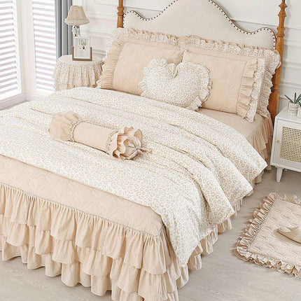 Elegant Leopard Print Ruffled Cotton Bedding Set - 4-Piece Korean-Inspired Duvet Collection with Bed Skirt