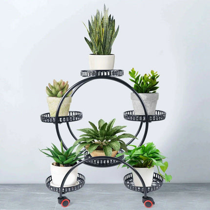 Elegant Rolling Metal Plant Display Stand with 6 Pot Holders for Indoor and Outdoor Use