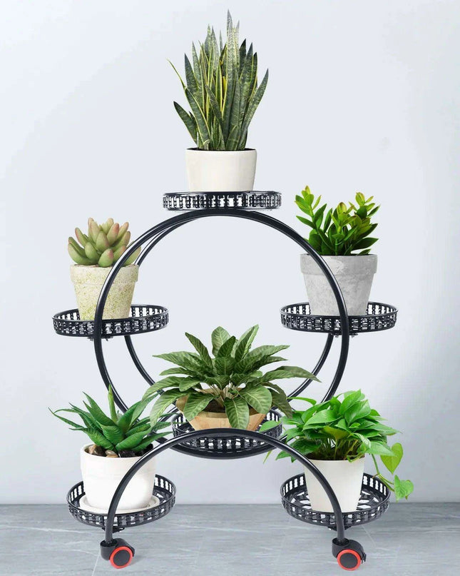 Elegant Rolling Metal Plant Display Stand with 6 Pot Holders for Indoor and Outdoor Use
