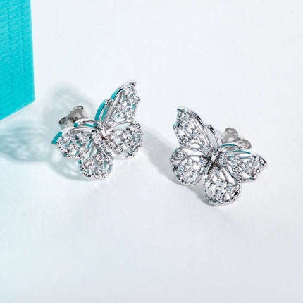 D Colour Moissanite Butterfly Stud Earrings — 925 Silver, 18K Plated, with Certificate