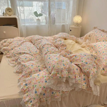 Vintage Floral Cotton Bedding Set - 100% Cotton Ruffle Edge Duvet Cover Set