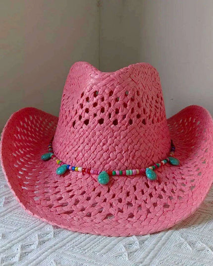 Rose Red Cowboy Straw Hat - Adjustable Wide Brim Sun Hat for All Seasons