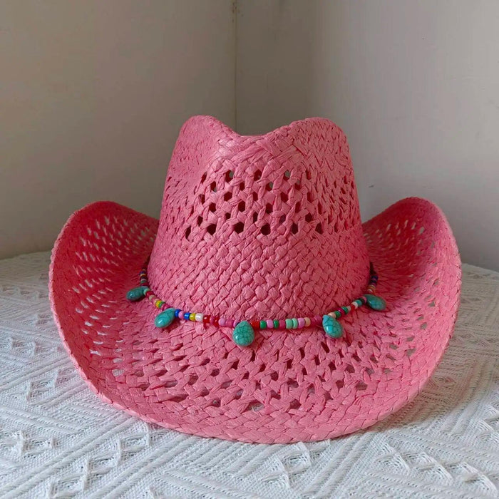 Rose Red Cowboy Straw Hat - Adjustable Wide Brim Sun Hat for All Seasons