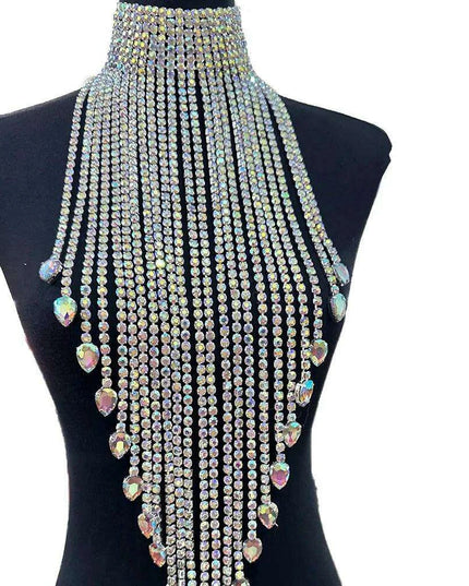 Radiant Rhinestone and Glass Gemstone Tassel Choker Necklace - Crystal AB Silver Elegance