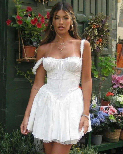 Suninheart White Lace Spaghetti Strap A-line Dress - Effortless Summer Elegance