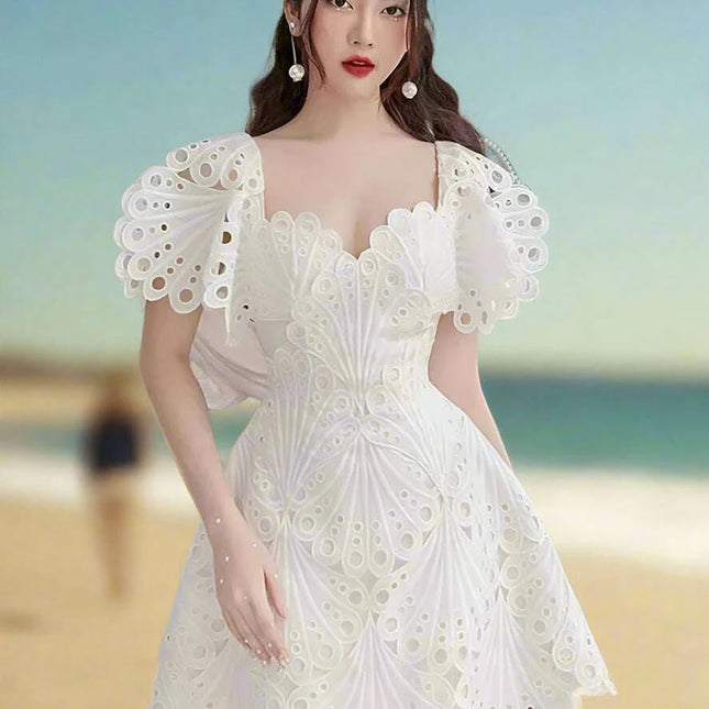 DEAT Elegant Hollow Embroidered High-Waisted Solid Color Summer Dress for Women - 2024 Party Edition 13DB4842