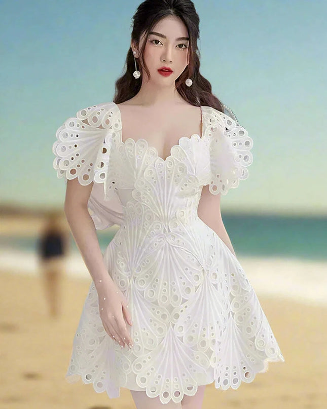 DEAT Elegant Hollow Embroidered High-Waisted Solid Color Summer Dress for Women - 2024 Party Edition 13DB4842