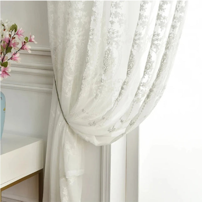 Embroidered White Tulle Sheer Curtain — European Floral Lace, 1 Panel