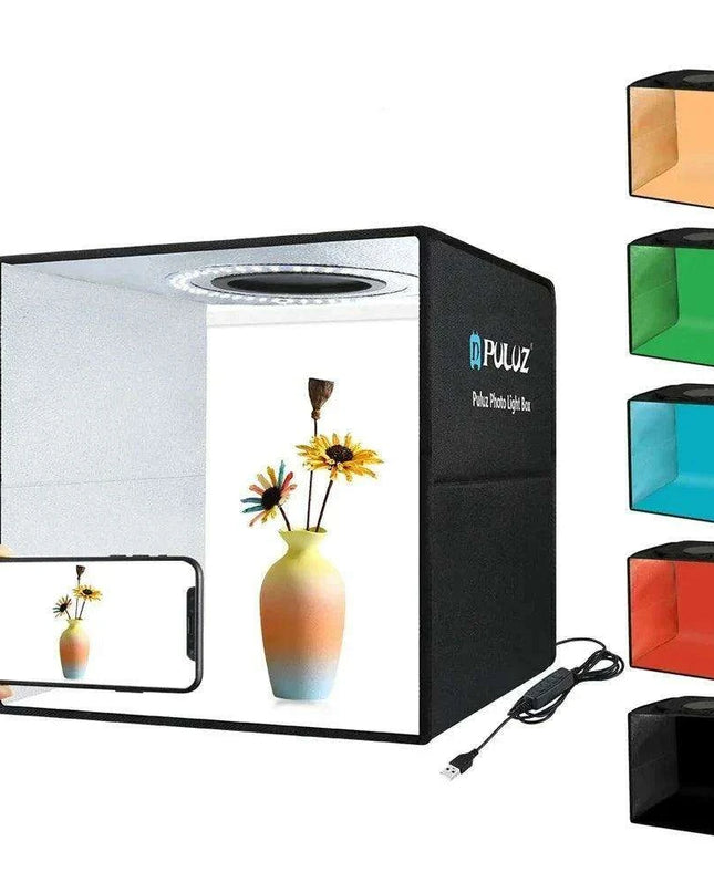 30CM PULUZ Adjustable LED Light Box Photography Kit with Six Color Backdrops - Portable Softbox for Product and Portrait Shots