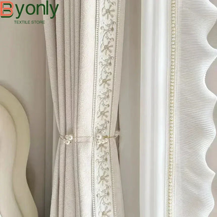 Cream Chenille French Curtains with Sheer Tulle Option | Très Élite