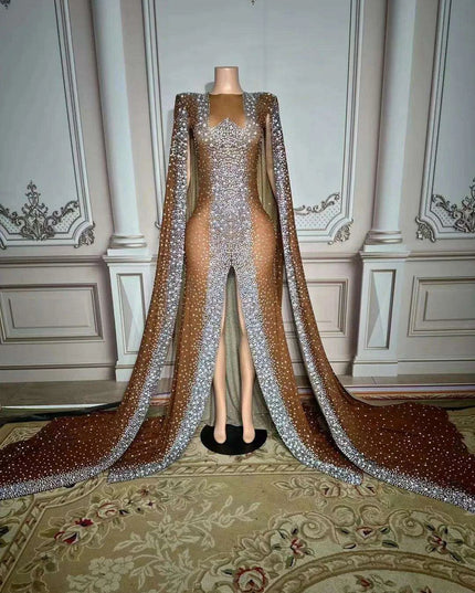 Glamorous Dubai-Inspired Rhinestone Cape Gown for Women