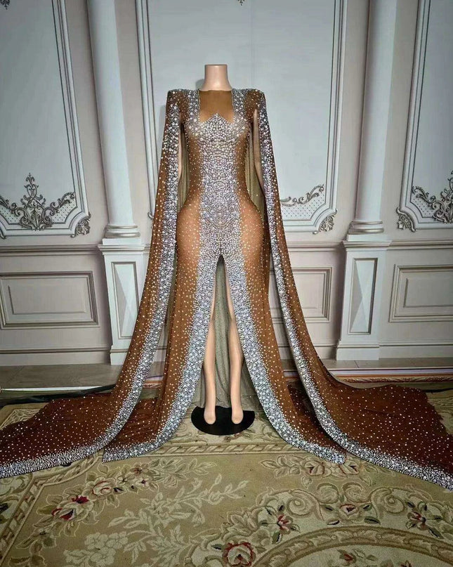 Glamorous Dubai-Inspired Rhinestone Cape Gown for Women