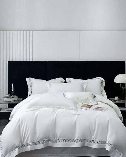 Exquisite 1200TC Egyptian Cotton Luxury Bedding Collection with Elegant Hollow Lace Trim, Duvet Cover, Flat & Fitted Sheets, and Pillowcases