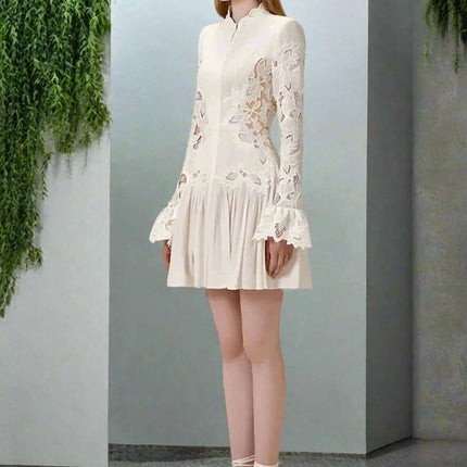 Embroidered Lace Evening Dress with Pleated Flare Sleeves for Women