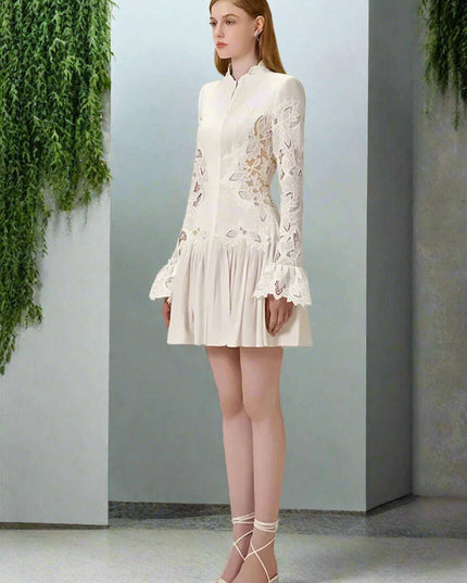 Embroidered Lace Evening Dress with Pleated Flare Sleeves for Women