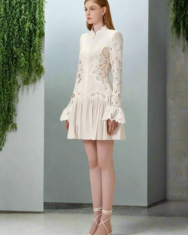 Embroidered Lace Evening Dress with Pleated Flare Sleeves for Women