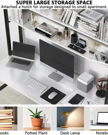 Modern White Office Desk with Hutch and 3-Tier Bookshelf for Stylish Workspace Efficiency