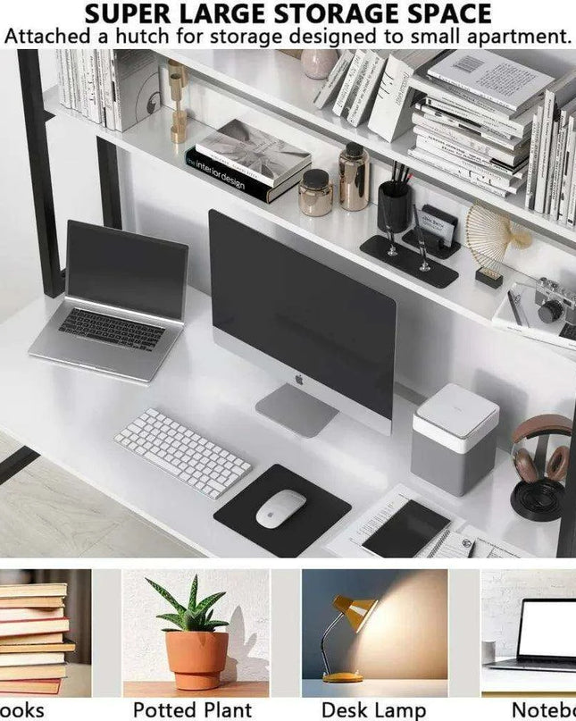 Modern White Office Desk with Hutch and 3-Tier Bookshelf for Stylish Workspace Efficiency